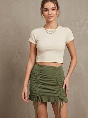 Edikted Ruched Olive Green Mini Skirt